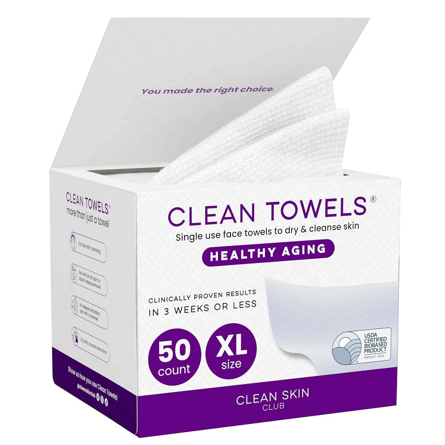A box of Clean Towels XL by Clean Skin Club, labeled for healthy aging, contains 50 single-use face towels, and is certified USDA Biobased Product.