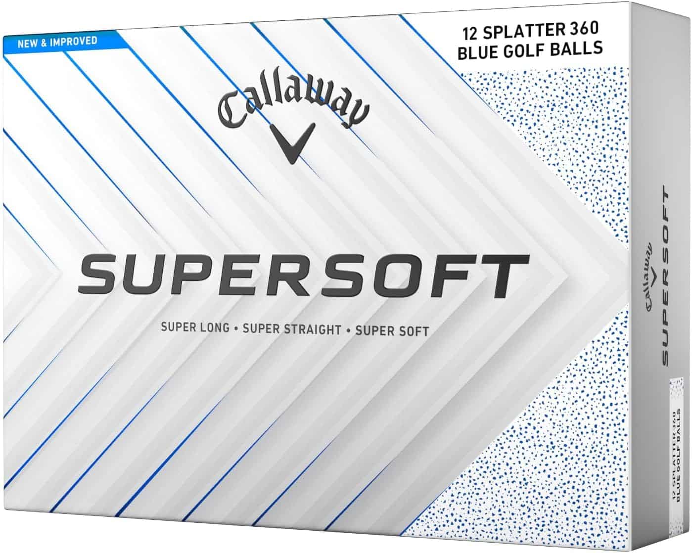 Box of Callaway Supersoft golf balls, labeled "12 Splatter 360 Blue Golf Balls," with branding and product details on a white and blue geometric background.