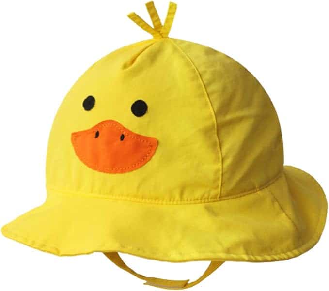 Yellow hat with a wide brim, featuring a duck face design with black eyes, an orange beak, and fabric "feathers" on top.