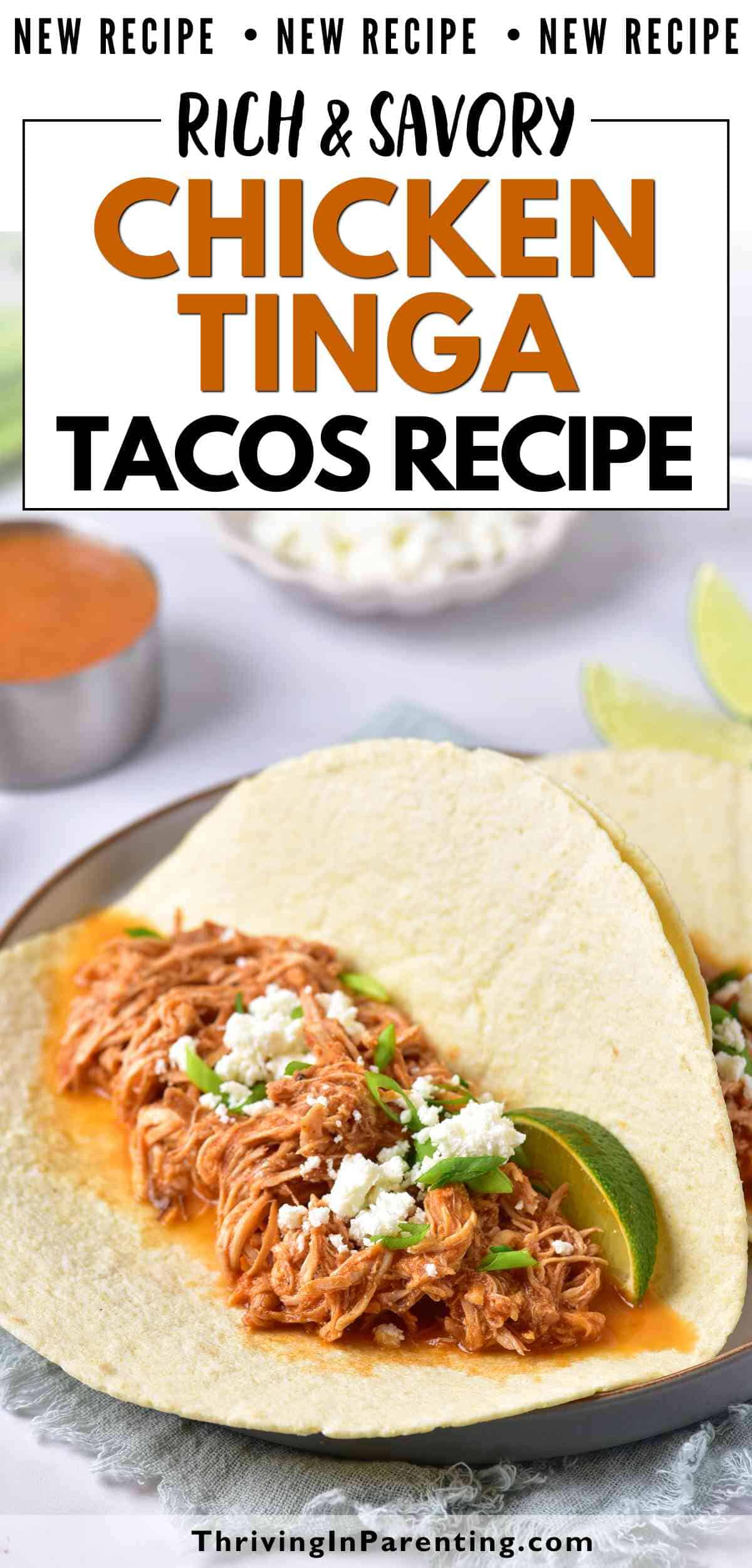 Pin image of chicken tinga tacos recipe blog post.