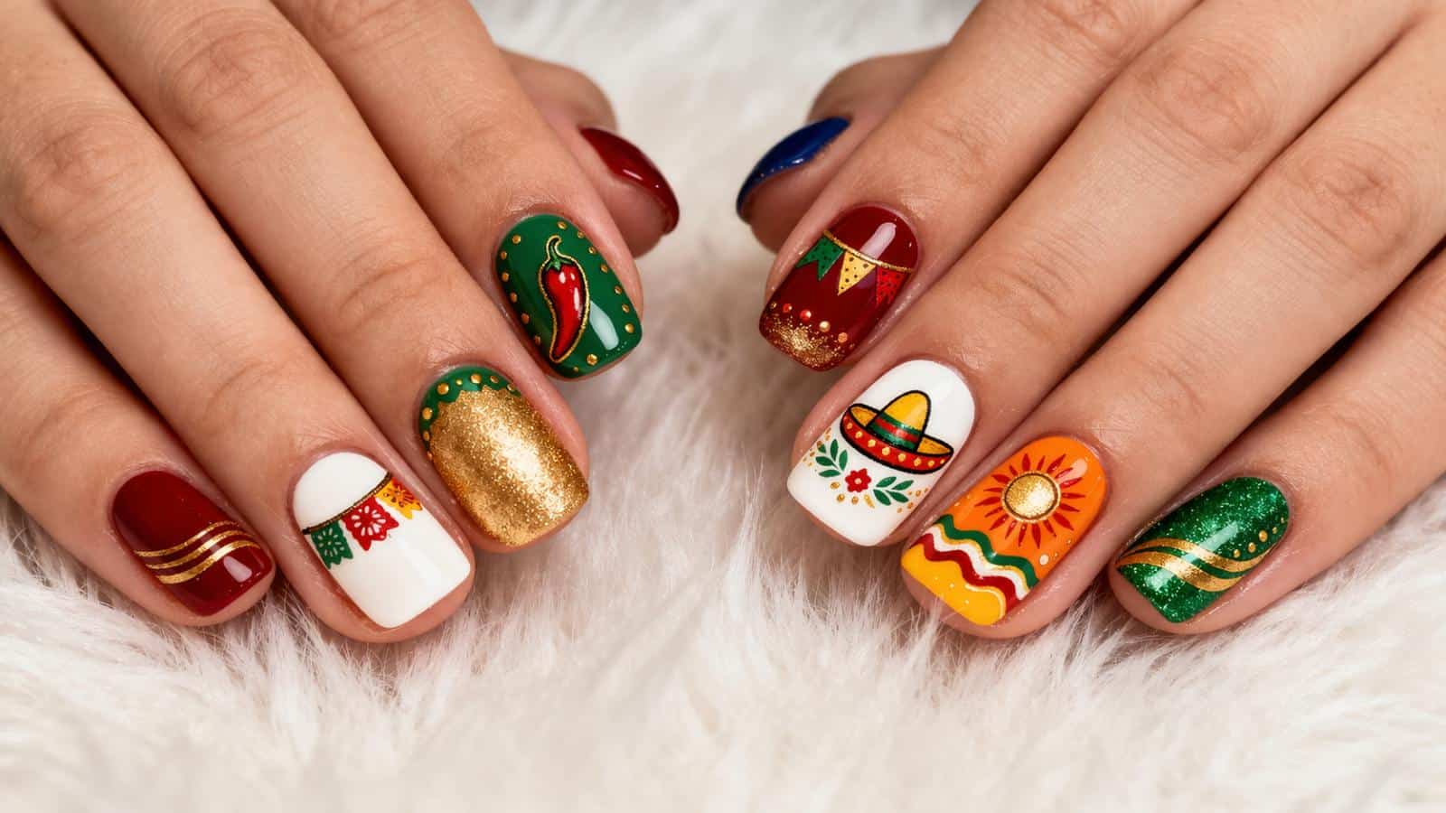 Hands with colorful nail art featuring festive Mexican-themed designs, including a chili pepper, sombrero, sun, banners, and gold accents, on a soft white surface.