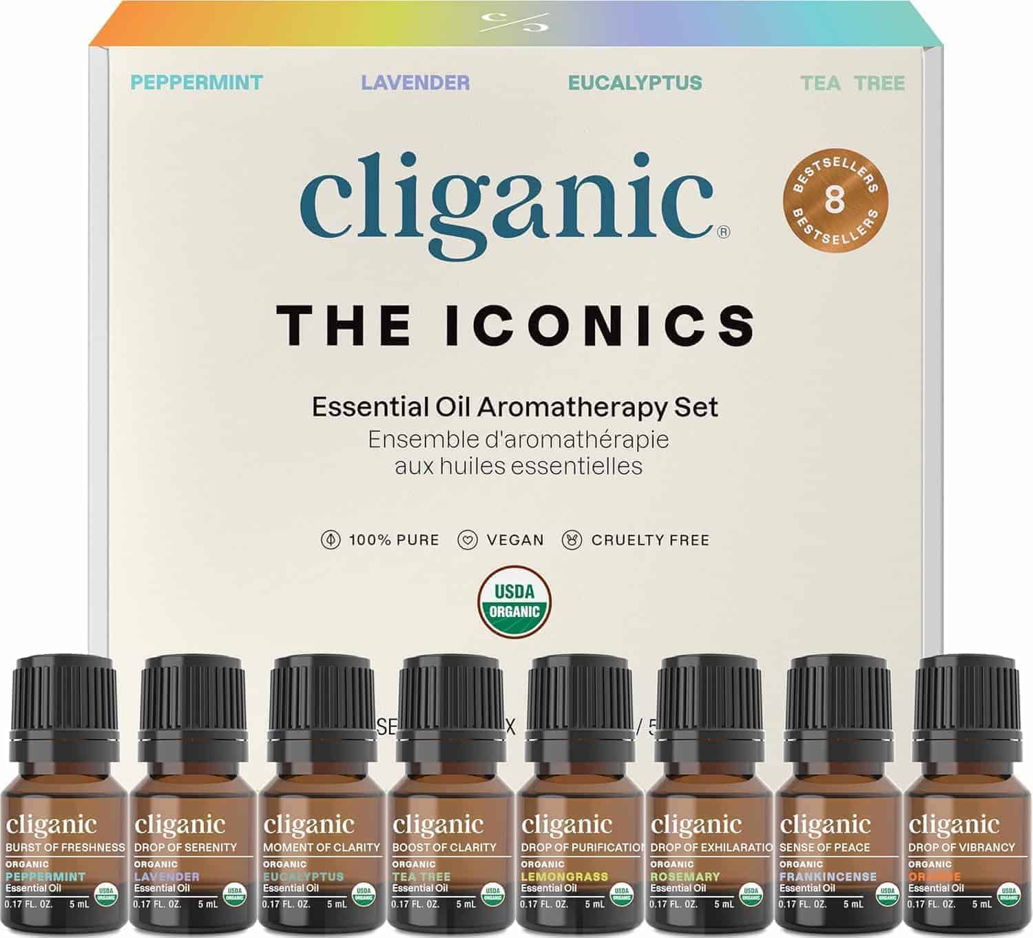 Cliganic The Iconics essential oil aromatherapy set with eight labeled bottles, featuring scents like peppermint, lavender, and eucalyptus, in front of the product box.