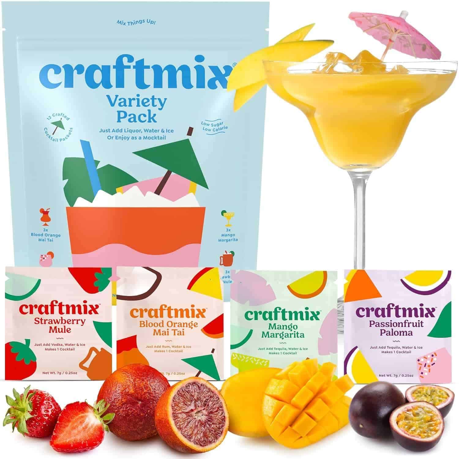 A craftmix variety pack with four drink mix flavors—Strawberry Mule, Blood Orange Mai Tai, Mango Margarita, and Passionfruit Paloma—displayed with fruits and a margarita glass.