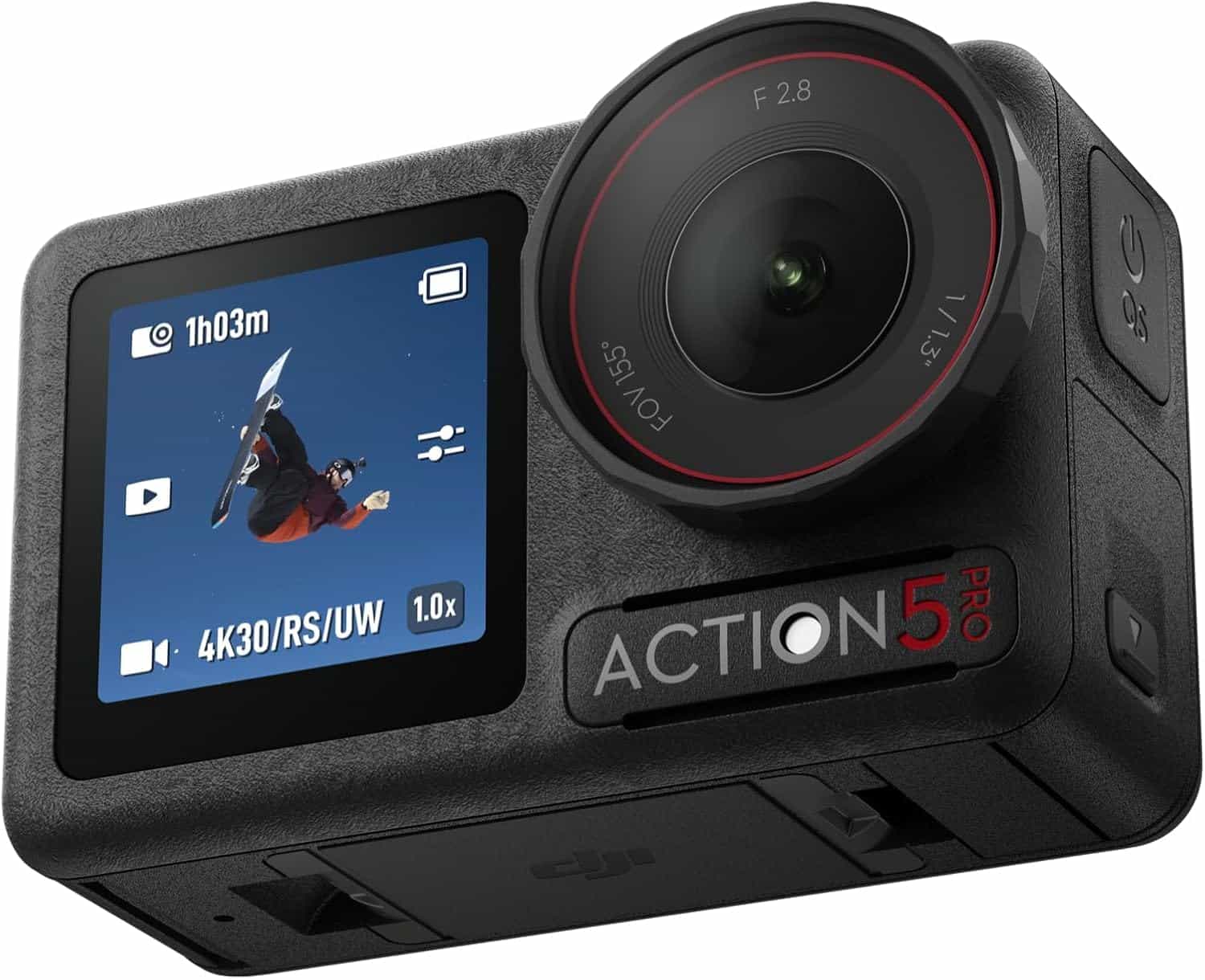 A black Action 5 Pro action camera showing its screen, which displays a snowboarder mid-air and recording settings including 4K30, battery life, and duration.