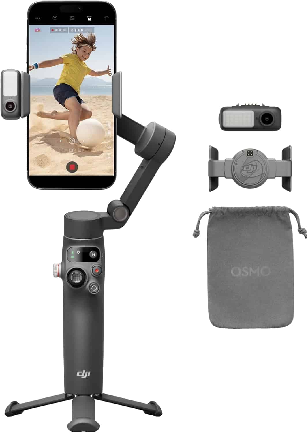 DJI Osmo Mobile gimbal holding a smartphone, with a wireless microphone, receiver, and gray carrying pouch displayed on the side.