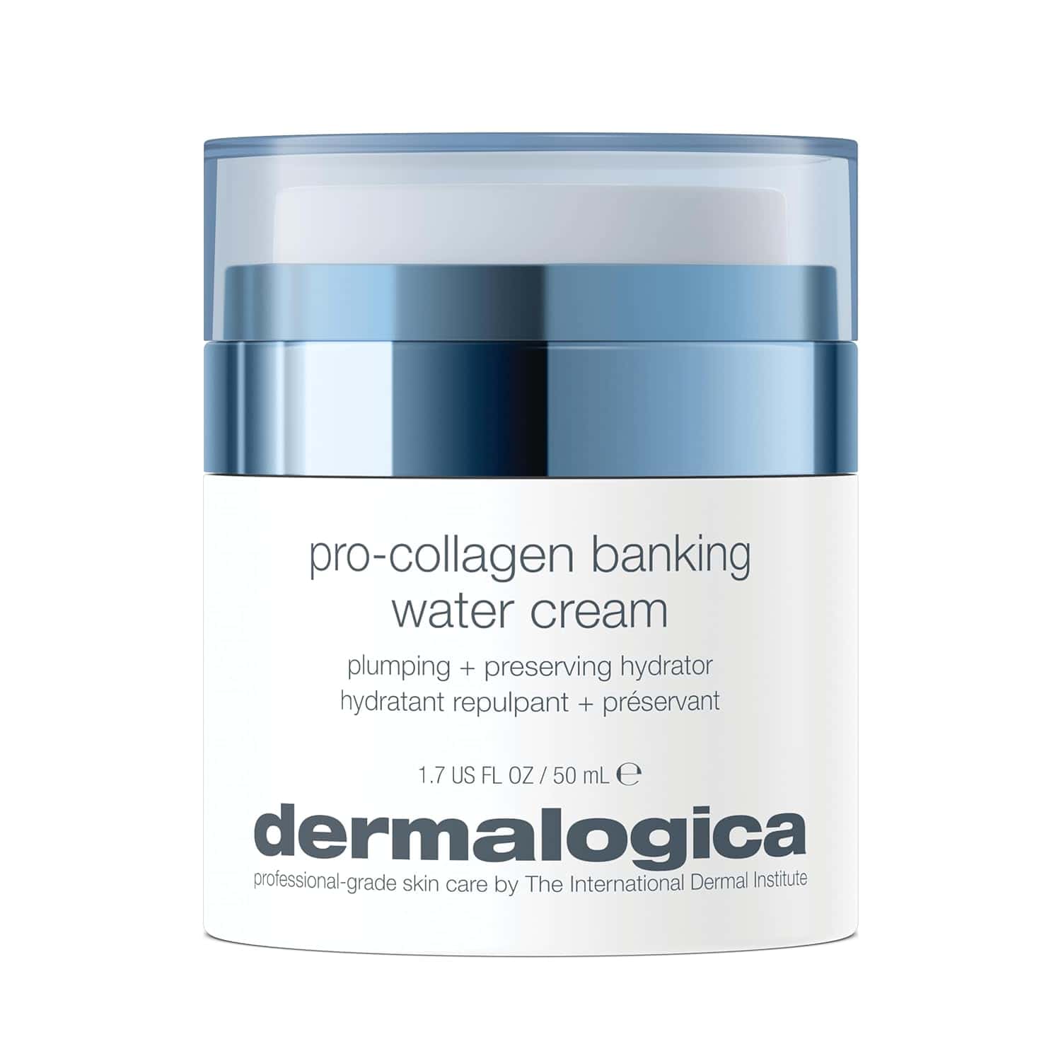 A jar of Dermalogica pro-collagen banking water cream with a white and blue design, labeled as a plumping and preserving hydrator, 50 mL size.
