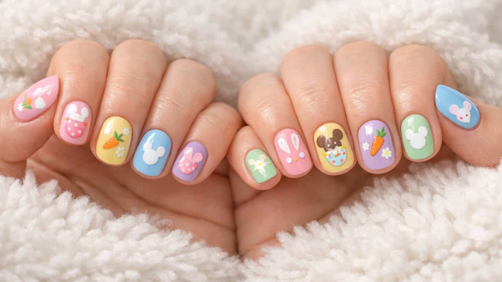 Hands with pastel-colored nail art featuring rabbits, carrots, flowers, and animal faces, resting on a soft white fabric.
