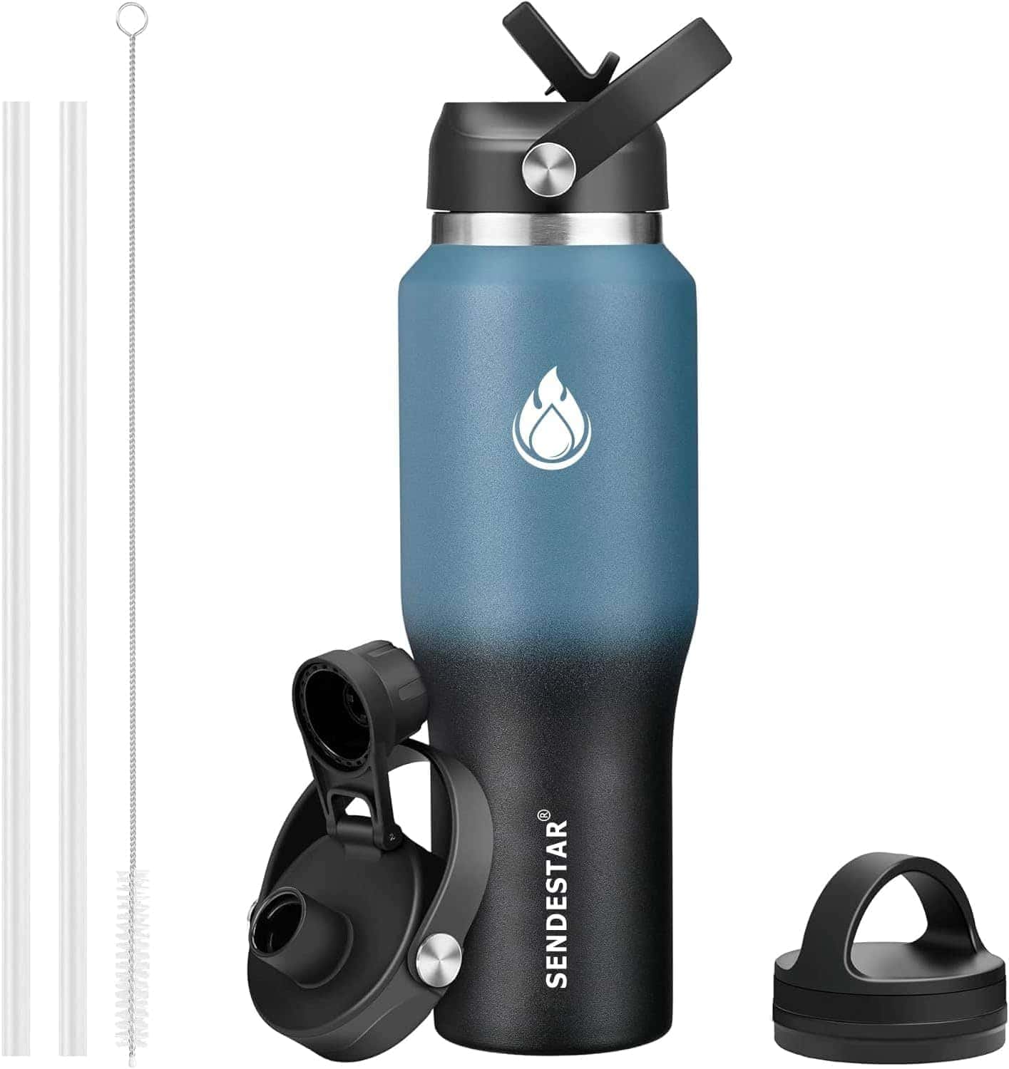A blue and black stainless steel water bottle with three interchangeable lids, two straws, and a cleaning brush. The bottle is branded with the text "Sendestar" and a flame logo.