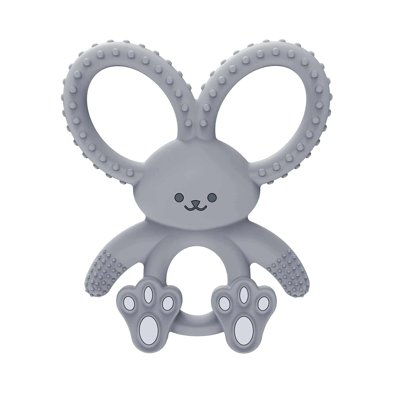Gray silicone bunny-shaped baby teether with textured ears and paws, featuring a circular hole in the center.