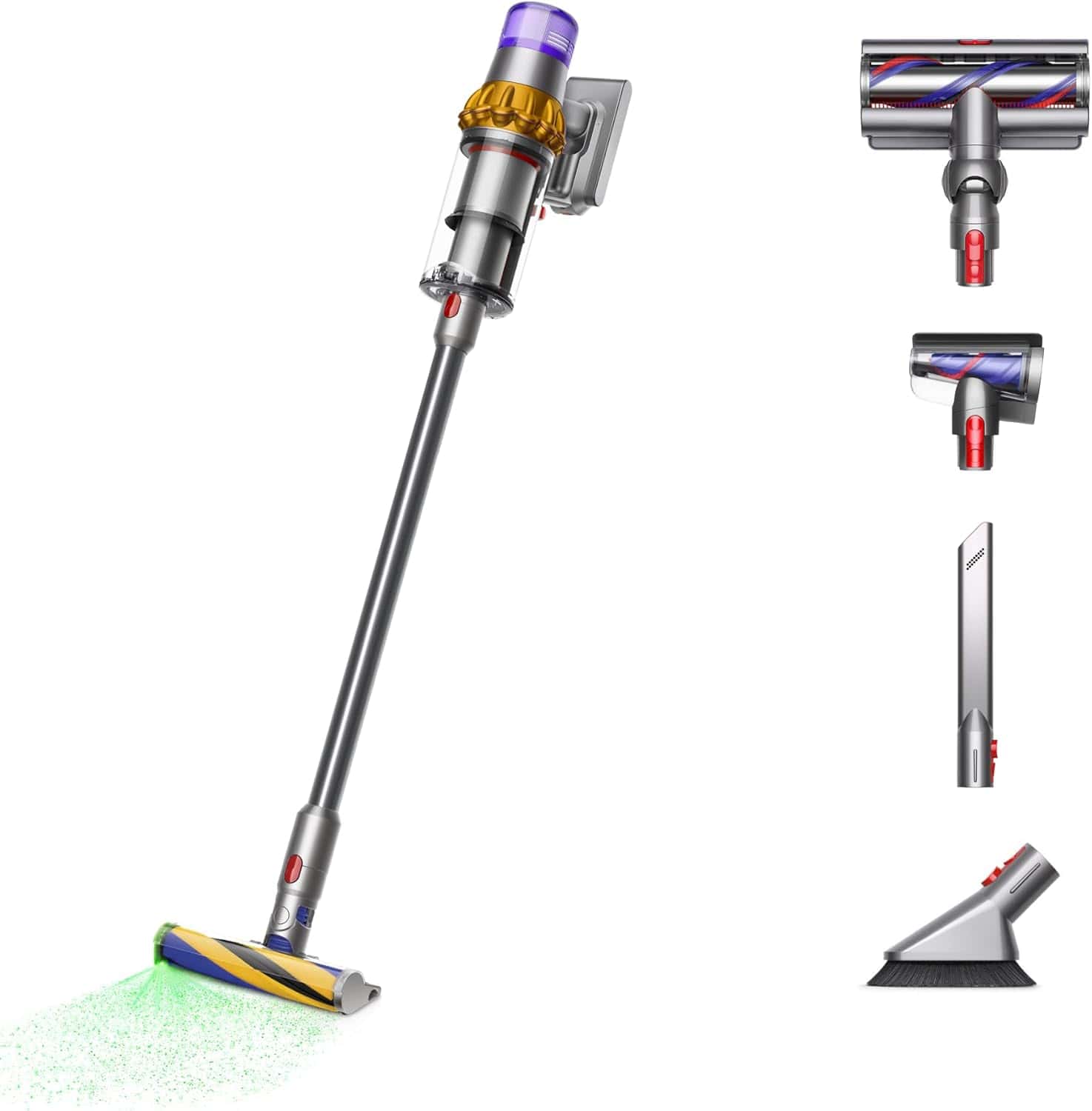 Cordless stick vacuum cleaner with gold and purple accents is shown with four detachable cleaning attachments on the right, including a floor head, mini motorized tool, wall mount, and brush.