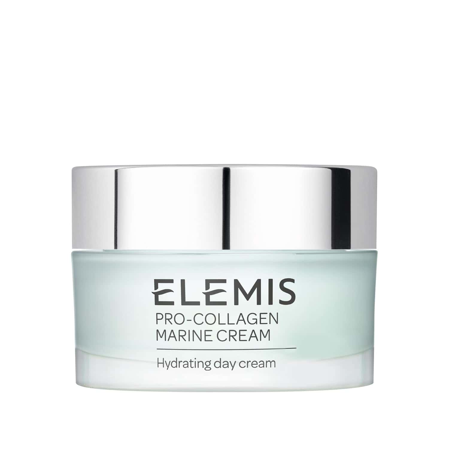 A jar of Elemis Pro-Collagen Marine Cream with a silver lid, labeled as a hydrating day cream, is shown against a white background.