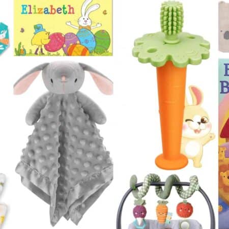 A collage of baby items including bunny pajamas, books, a carrot-shaped teether, washcloths, a plush bunny, a blanket, and a baby play gym.