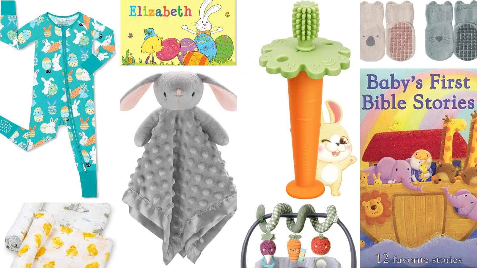 A collage of baby items including bunny pajamas, books, a carrot-shaped teether, washcloths, a plush bunny, a blanket, and a baby play gym.