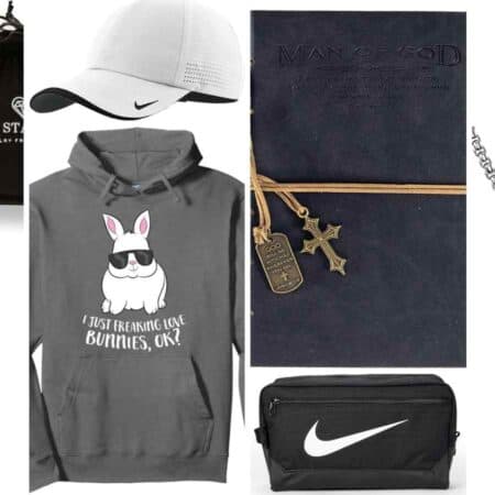 A collection of men's gifts including a cross bracelet, Nike hat, bunny hoodie, journal, cologne, eye cream, cross necklace, and a Nike toiletry bag arranged in a collage.