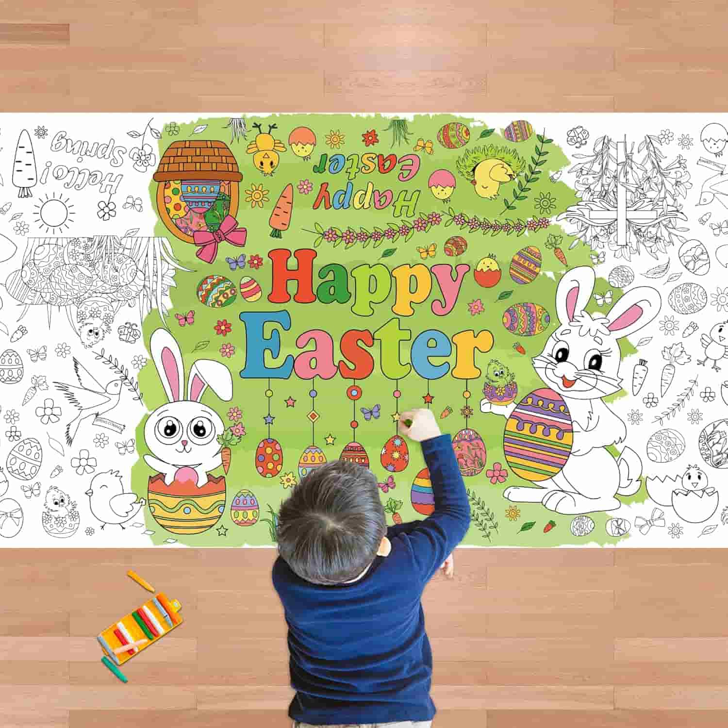 A child colors a large Easter-themed poster featuring "Happy Easter," decorated eggs, bunnies, and springtime illustrations. Some parts are colored, while others remain black and white.
