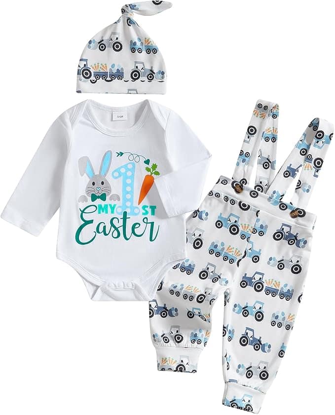 Three-piece baby outfit set with a white "My 1st Easter" bunny bodysuit, matching hat, and suspenders pants decorated with a blue tractor print.