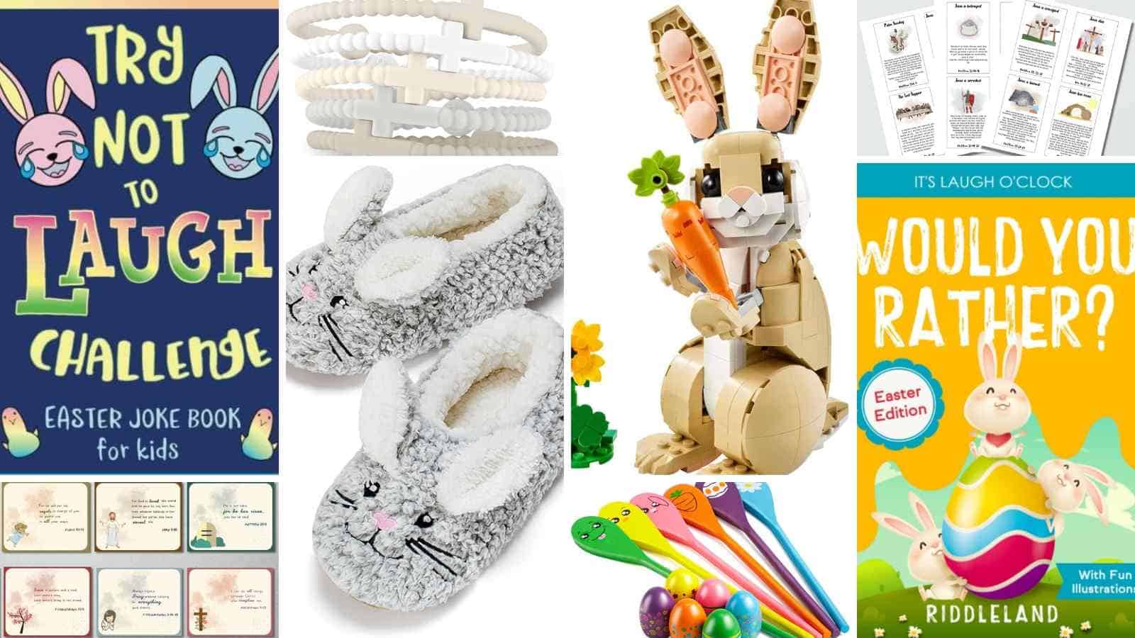 A collage of Easter-themed gifts for kids, including a joke book, teething rings, bunny slippers, a LEGO bunny, colorful spoons, and a "Would You Rather?" book.