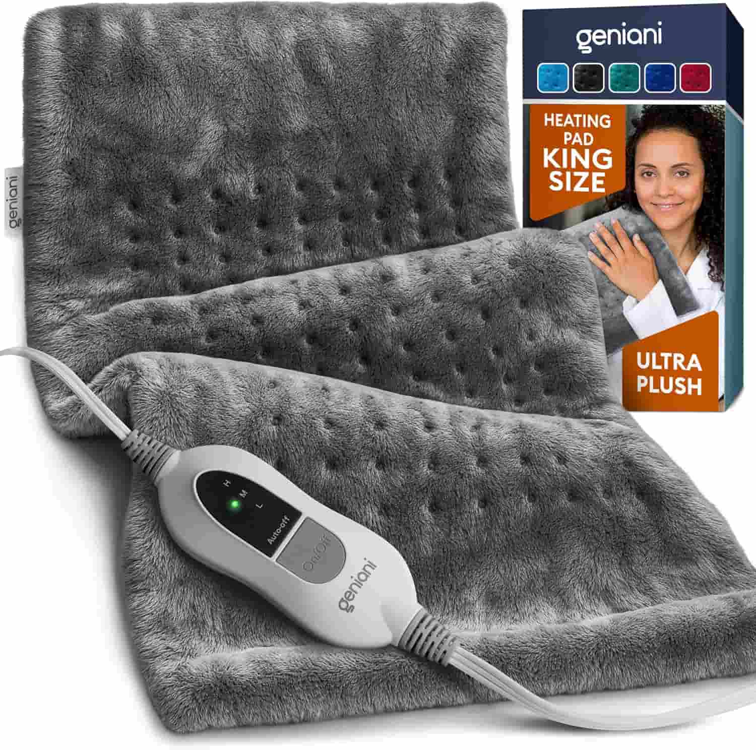 A gray, ultra-plush heating pad with a control switch is shown next to its packaging, which displays the brand name "Geniani" and features a woman holding the pad.