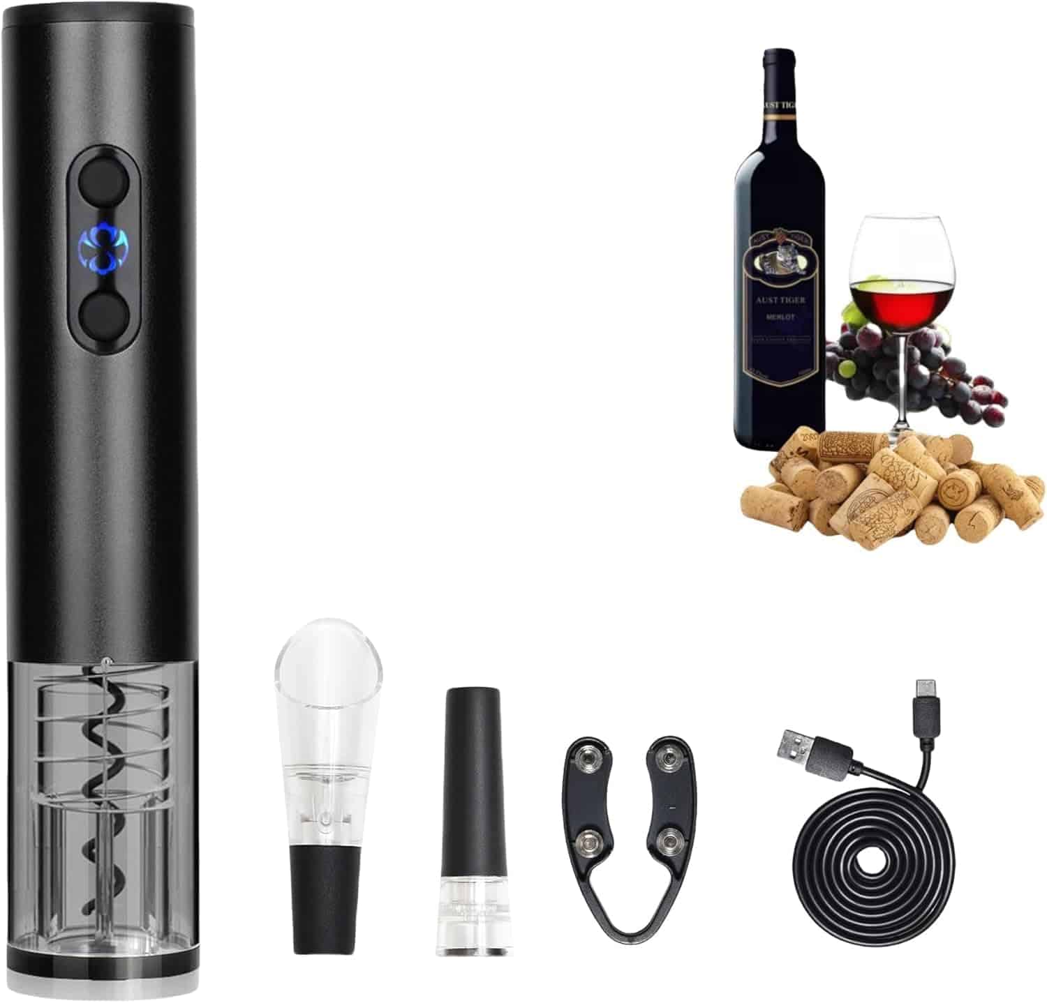 Electric wine opener set with accessories, including a foil cutter, pourer, stopper, charging cable, and a wine bottle with a glass, grapes, and corks in the background.