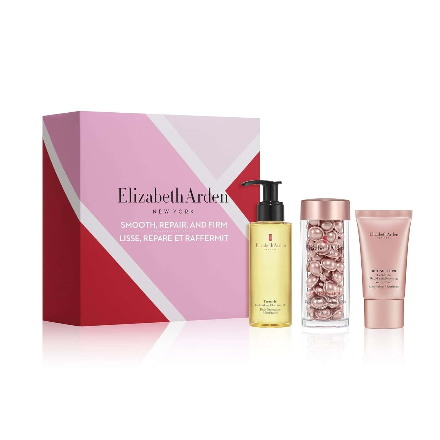 Elizabeth Arden skincare set with a pink gift box, yellow pump bottle, jar of capsules, and pink tube on a white background.