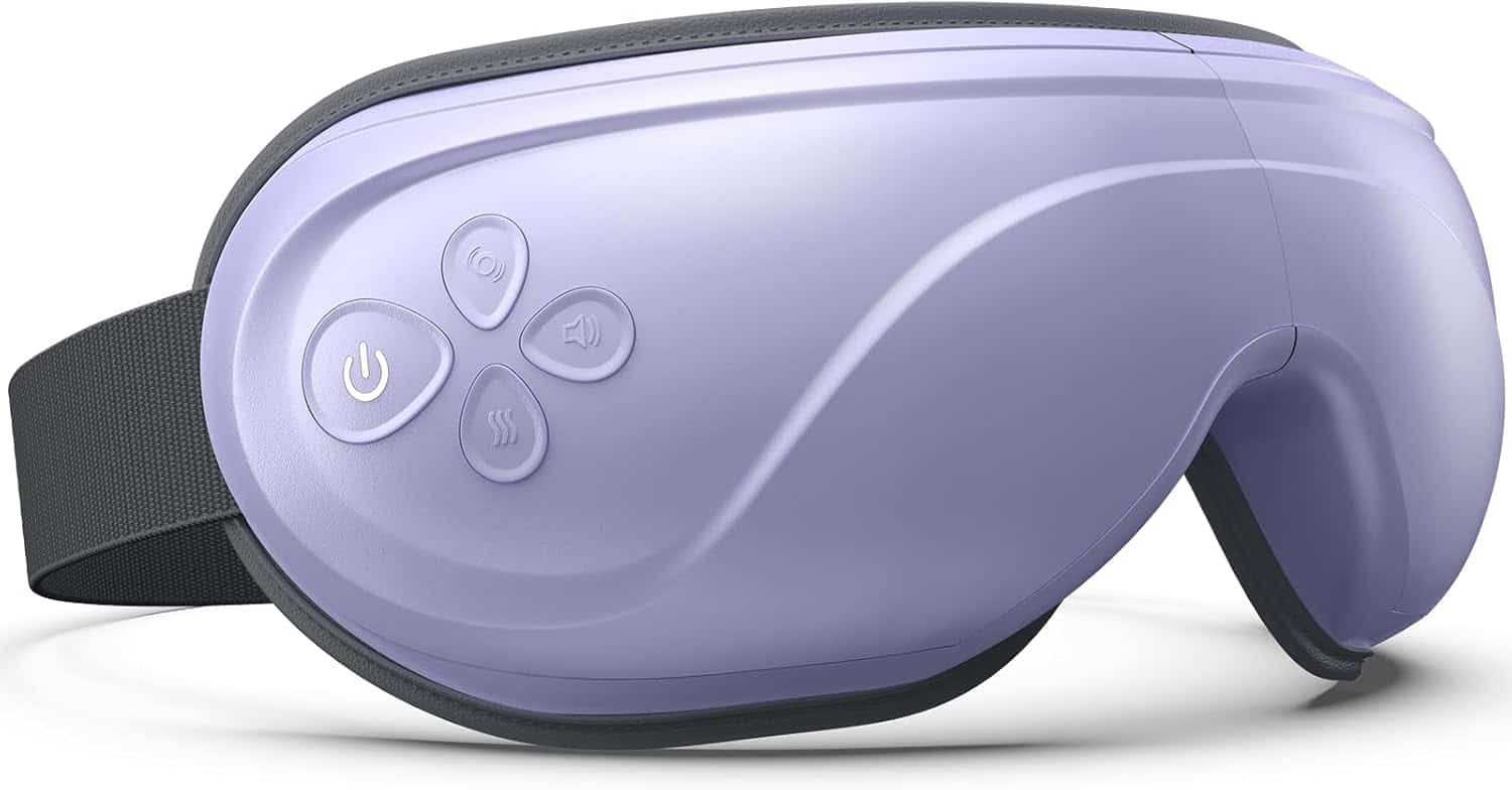 A lavender-colored electronic eye mask with four control buttons on one side and an adjustable black strap.