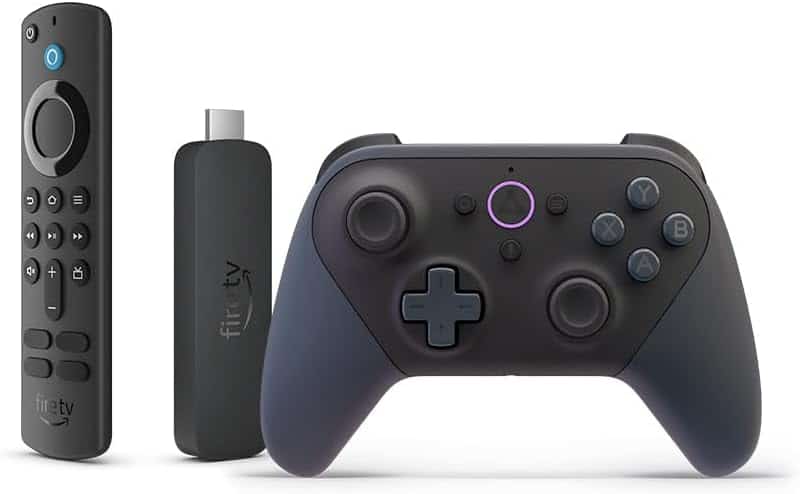 Amazon Fire TV Stick with Alexa remote and a black gaming controller displayed side by side on a white background.