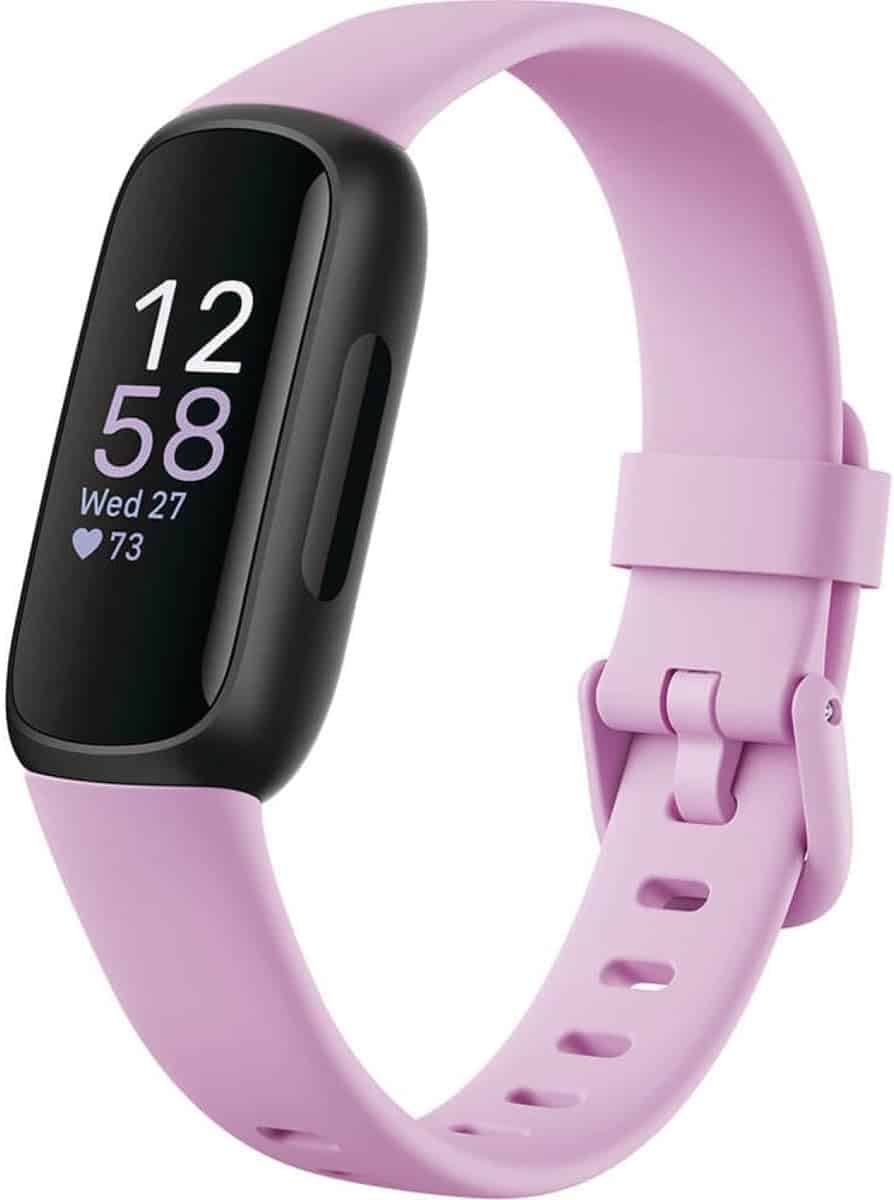 A black fitness tracker with a rectangular screen and a light purple silicone band displays the time, date, and heart rate.