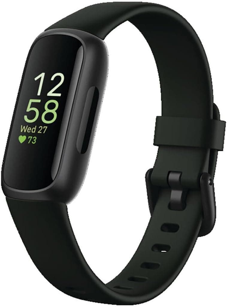 Black fitness tracker with a rectangular display showing the time, date, and heart rate, attached to a black adjustable wristband.