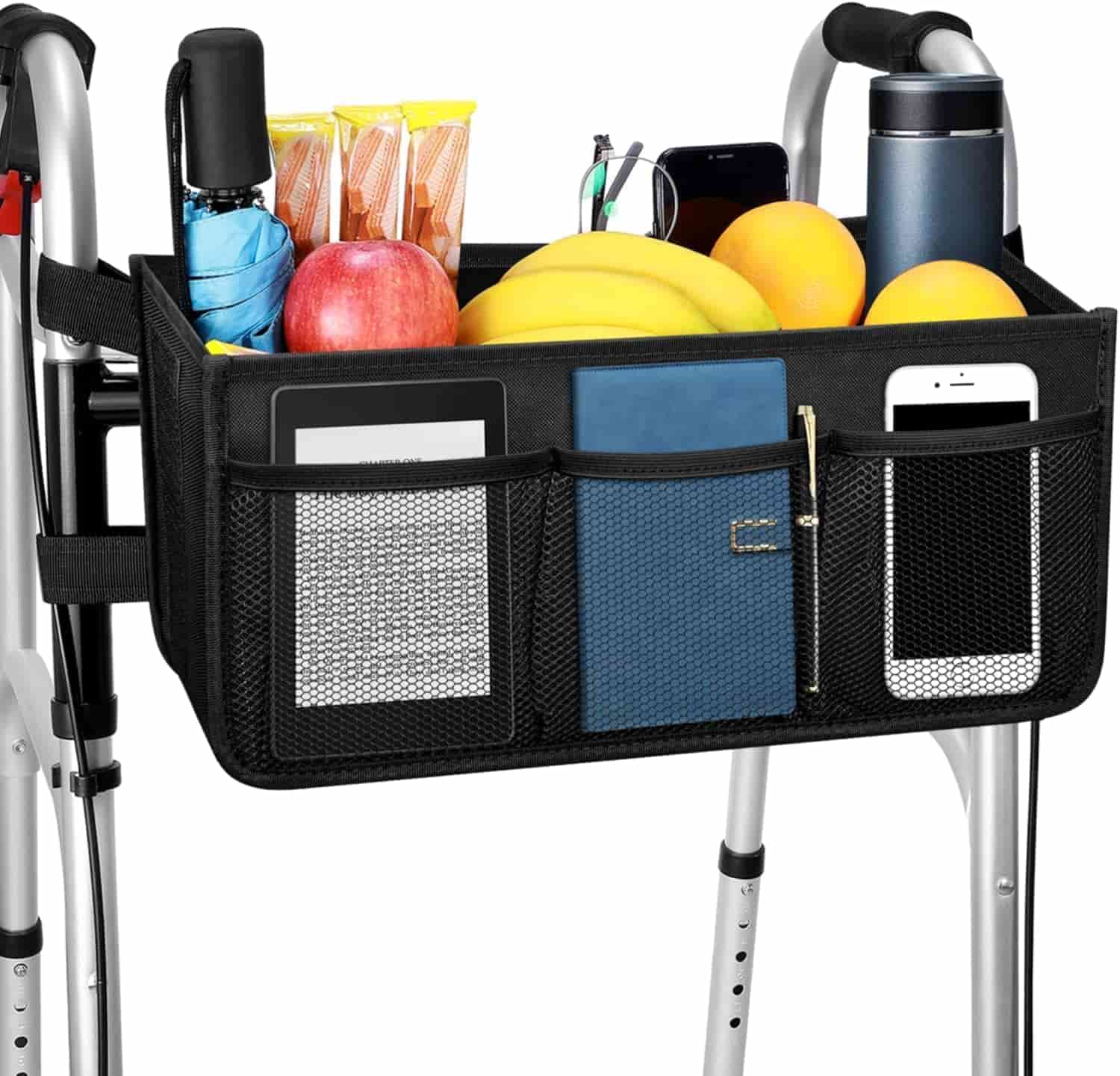 A black organizer attached to a walker holds fruit, snacks, a water bottle, an umbrella, glasses, a wallet, a phone, and a tablet in various pockets.