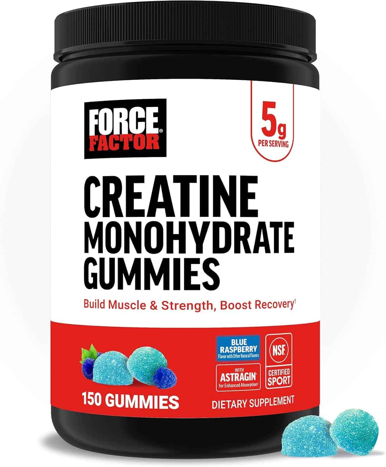 A container of Force Factor Creatine Monohydrate Gummies, blue raspberry flavor, with 150 gummies and 5g creatine per serving, labeled for muscle and strength support.