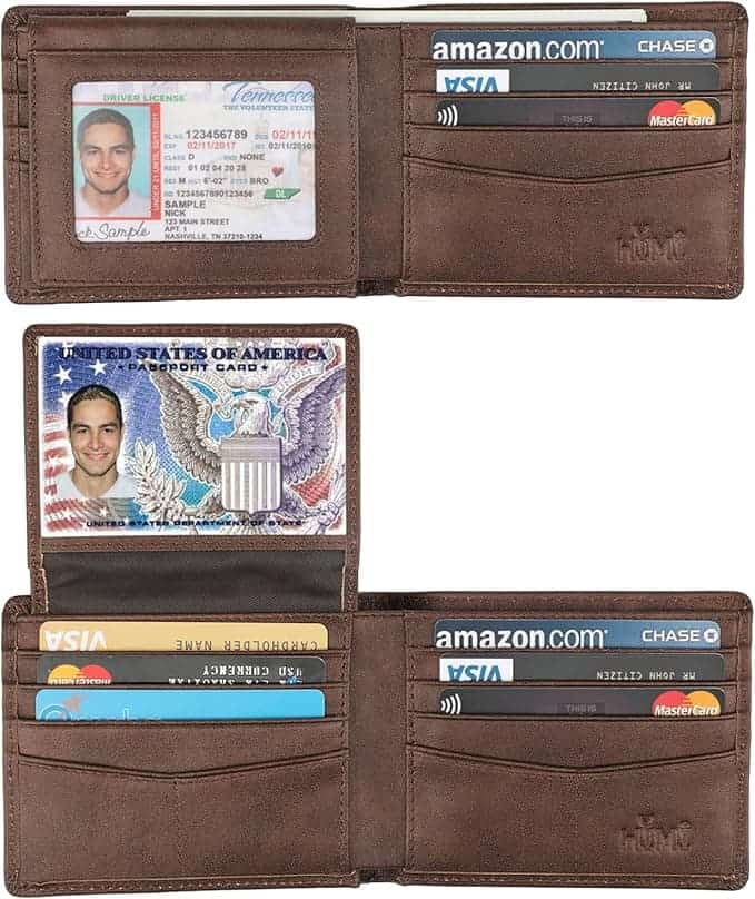 Two brown leather wallets are shown open, each displaying various cards including IDs, credit cards, and an Amazon card in their respective slots.