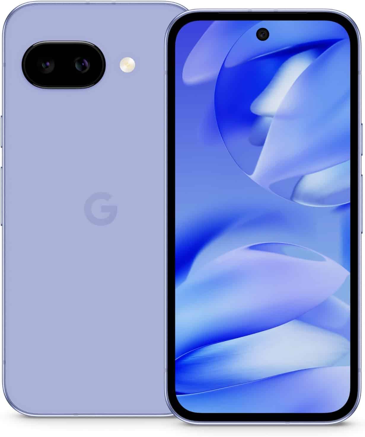 A lavender Google smartphone is shown with the front displaying a blue abstract wallpaper and the back featuring a dual camera and flash.