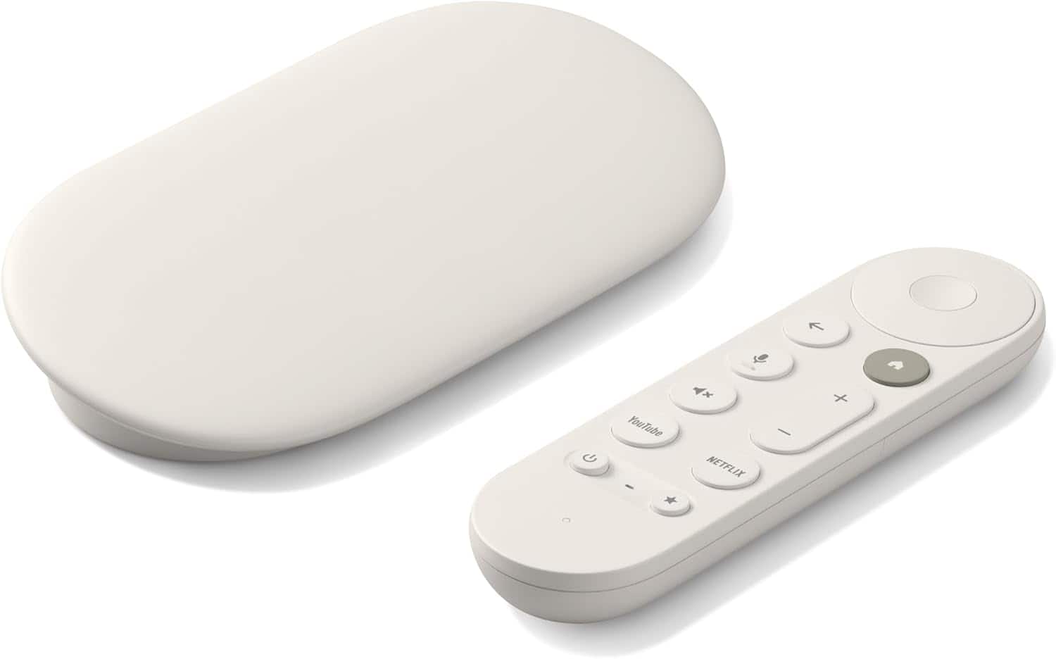 A white streaming device with a matching slim remote control featuring buttons for navigation and dedicated app shortcuts.