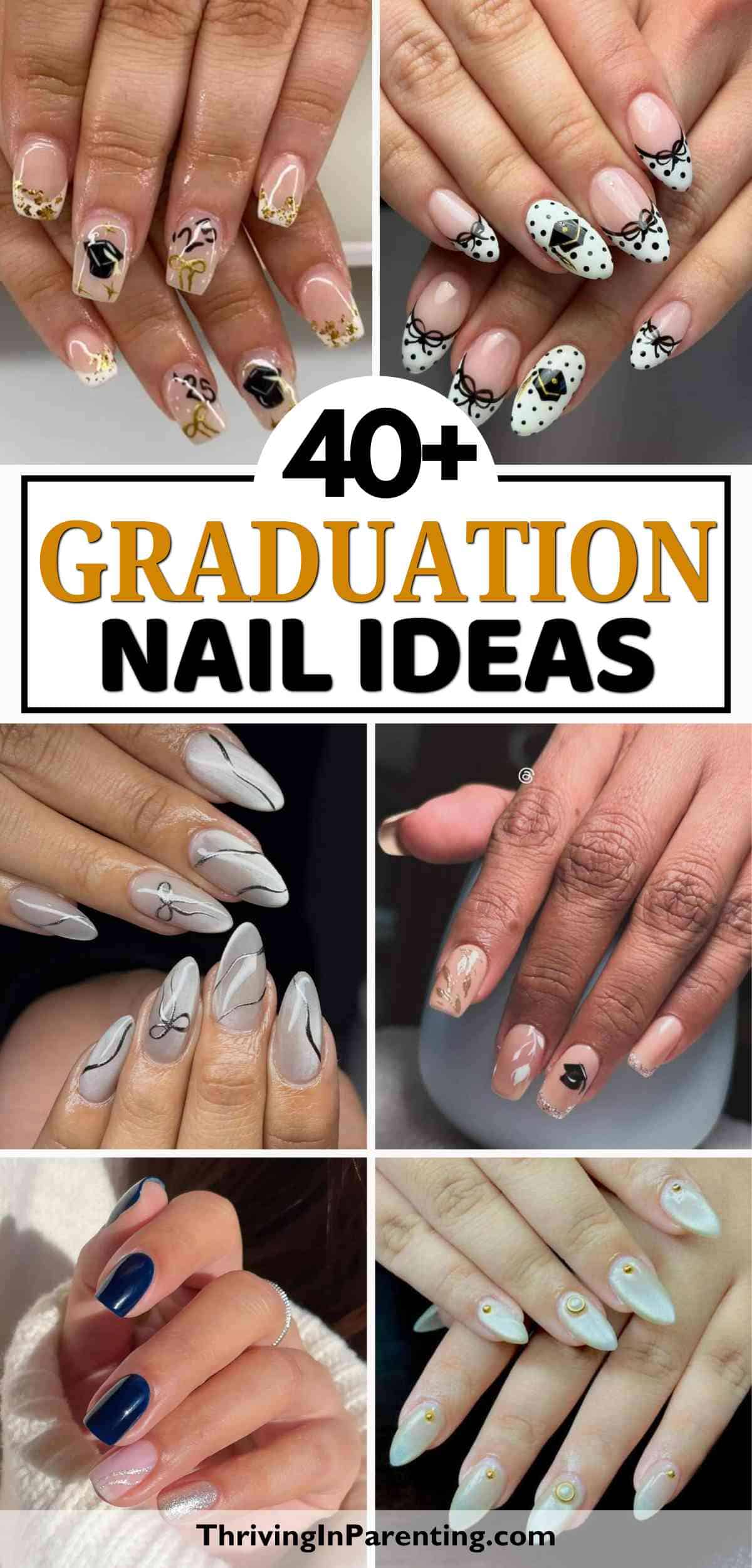A collage of various hand poses showcases stunning graduation nails, featuring patterns, abstract art, and solid colors.