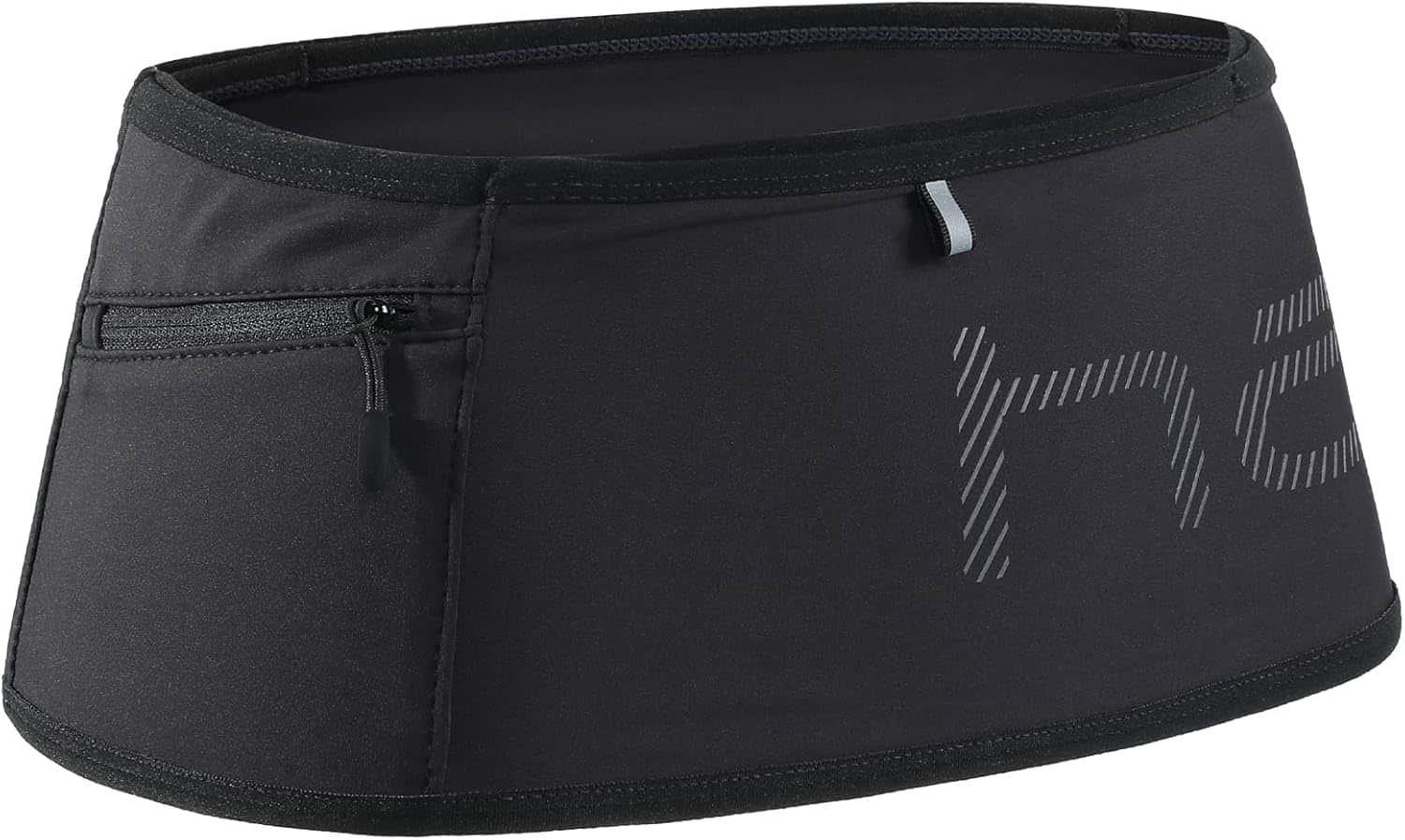 A black running waist belt with a small zippered pocket and gray lettering on the front.
