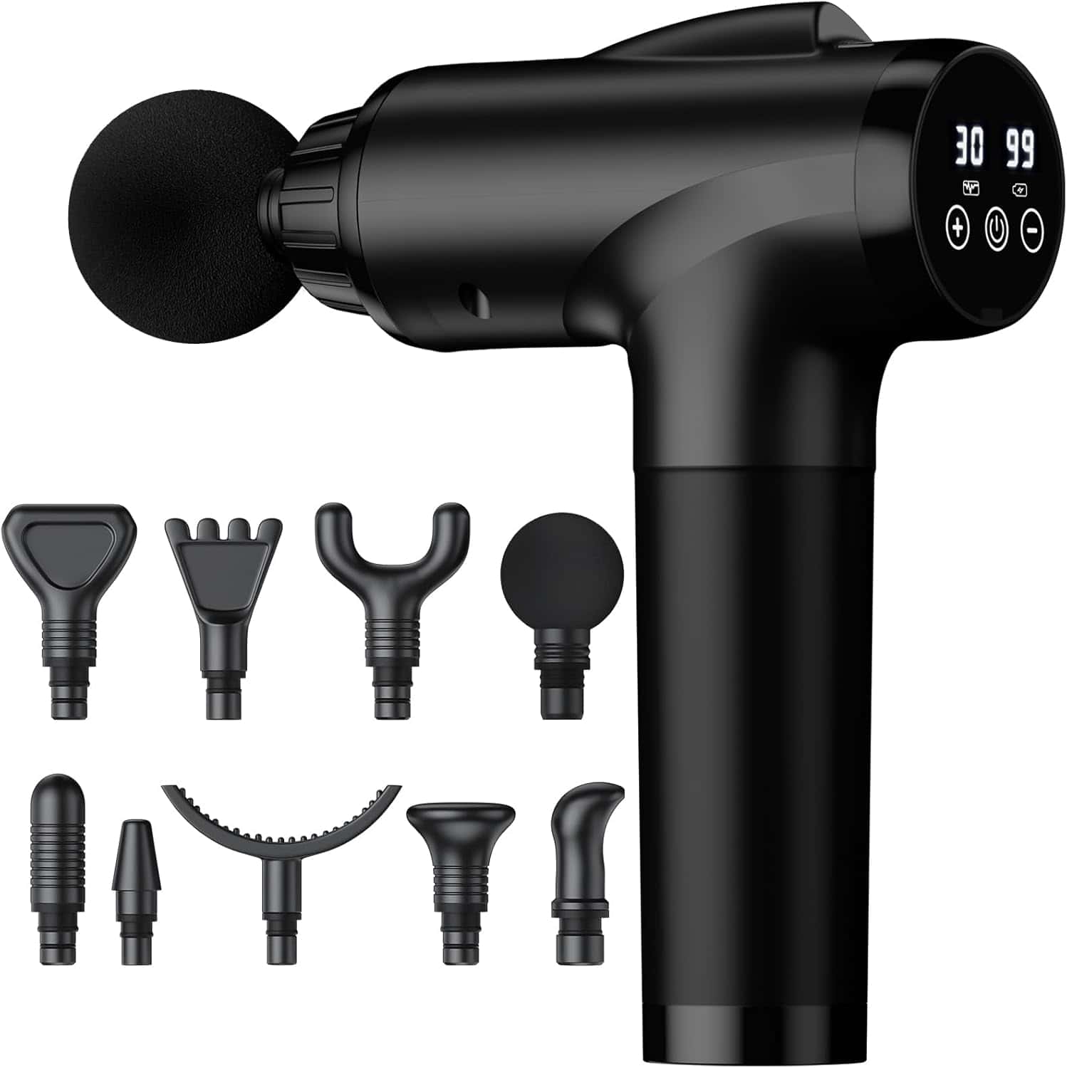 Black handheld massage gun with digital display, shown with ten interchangeable massage heads arranged below the device.