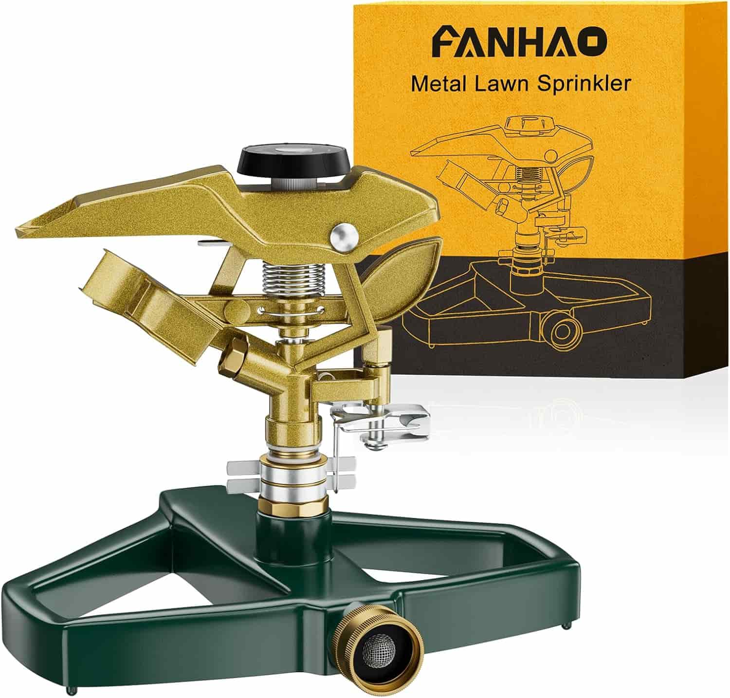 A metal lawn sprinkler with a green and gold design is shown in front of its orange and brown FANHAO branded box.