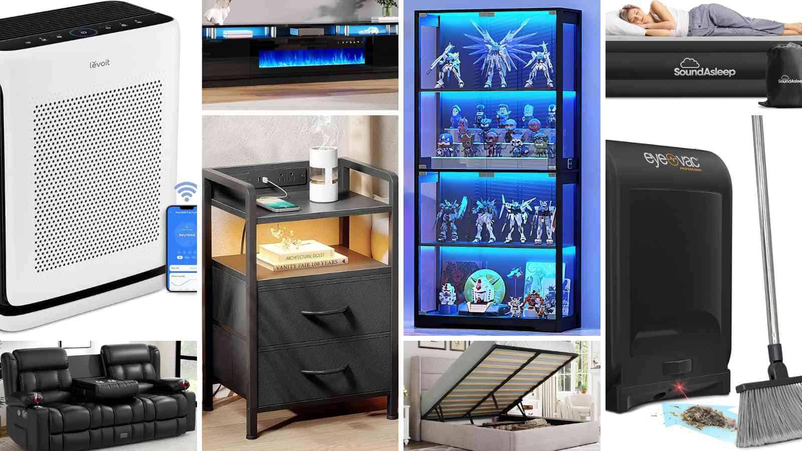 A collage of home products including an air purifier, electric fireplace, display cabinet with figurines, air mattress, recliner, nightstand, storage bed, and an automatic dustpan with broom.