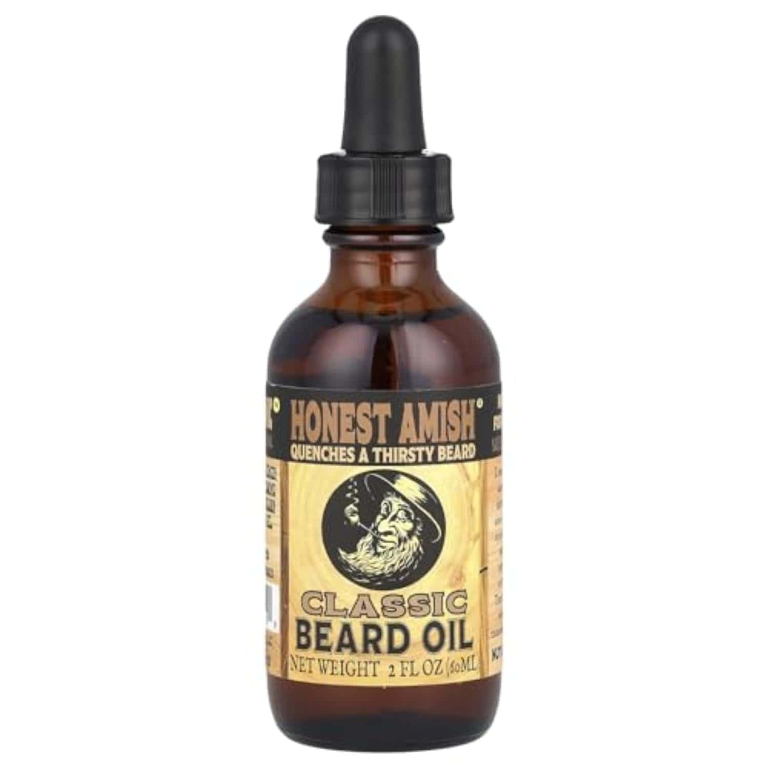A brown glass bottle of Honest Amish Classic Beard Oil with a dropper cap and a label featuring a bearded man illustration.