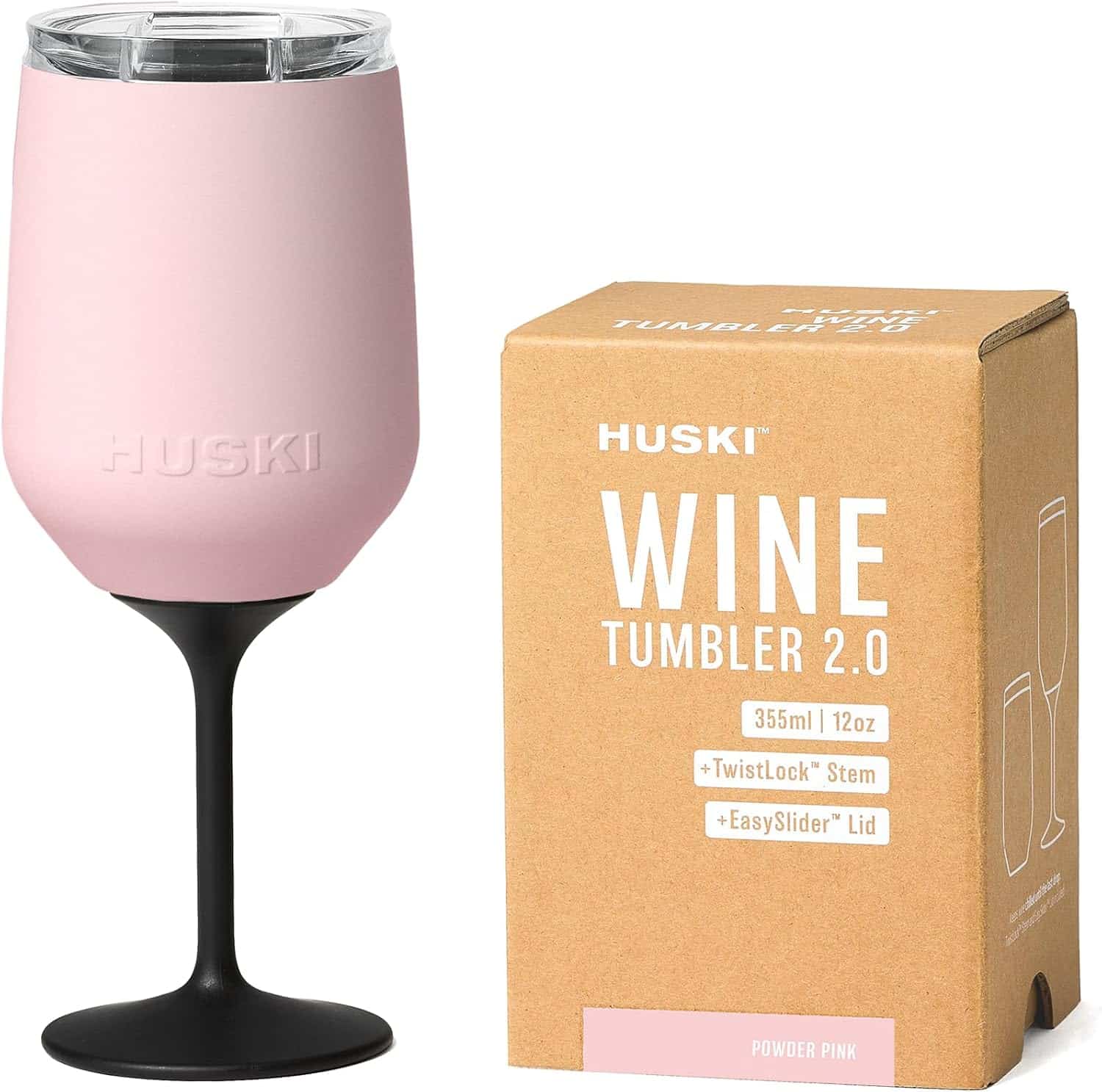 A pink Huski Wine Tumbler 2.0 with a black stem and clear lid is shown next to its brown packaging box labeled "Wine Tumbler 2.0" and product details.