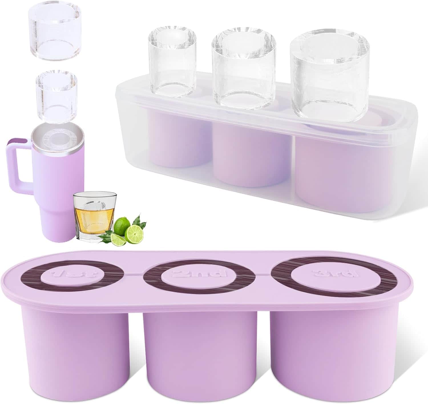 A three-cavity purple silicone mold with matching lid, designed for making large, round ice shot glasses, shown with examples of the finished ice glasses and a storage container.
