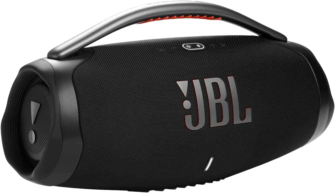 A black JBL portable Bluetooth speaker with a carrying handle, power button, and prominent JBL logo on the front.
