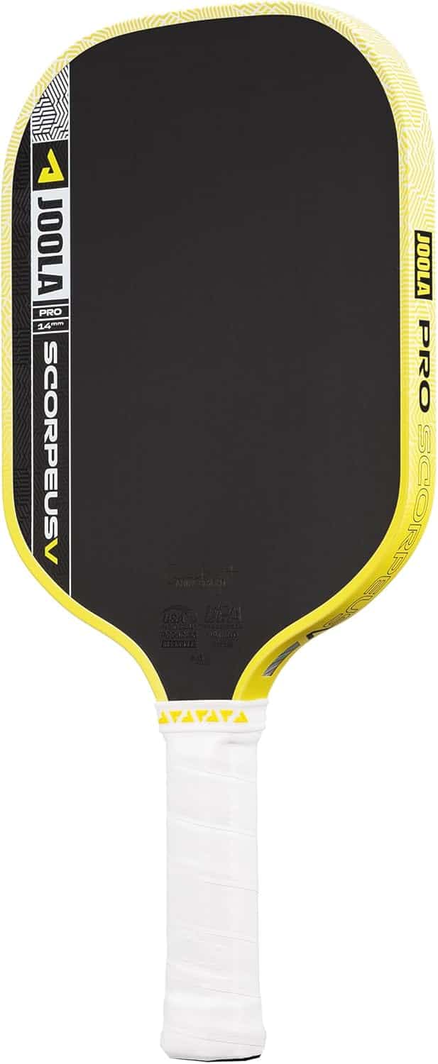 A JOOLA Pro Scorpeus V pickleball paddle with a black face, yellow edges, and a white grip.