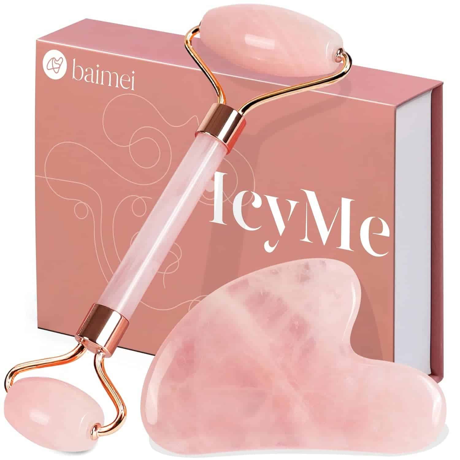 A pink jade roller and gua sha tool set are displayed in front of a matching pink box with “baimei” and “IcyMe” printed on it.