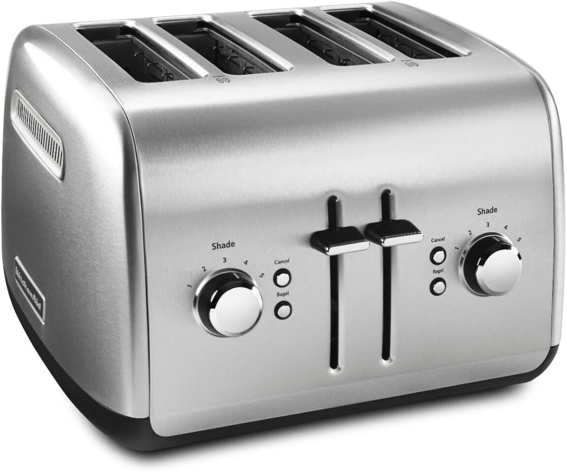 A stainless steel four-slice toaster with two sets of controls for shade and cancel functions.