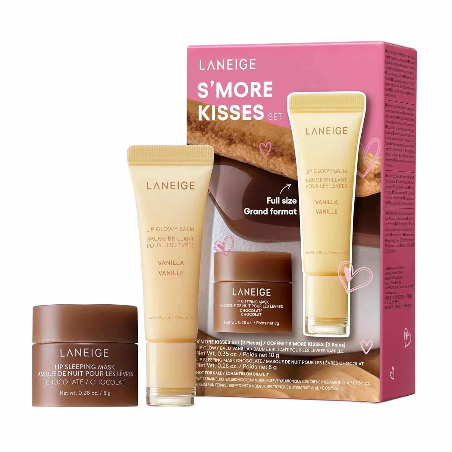 Laneige S’more Kisses set including a Lip Sleeping Mask, Lip Glowy Balm, and Lip Glowy Balm tube in front of the product’s pink and brown packaging.