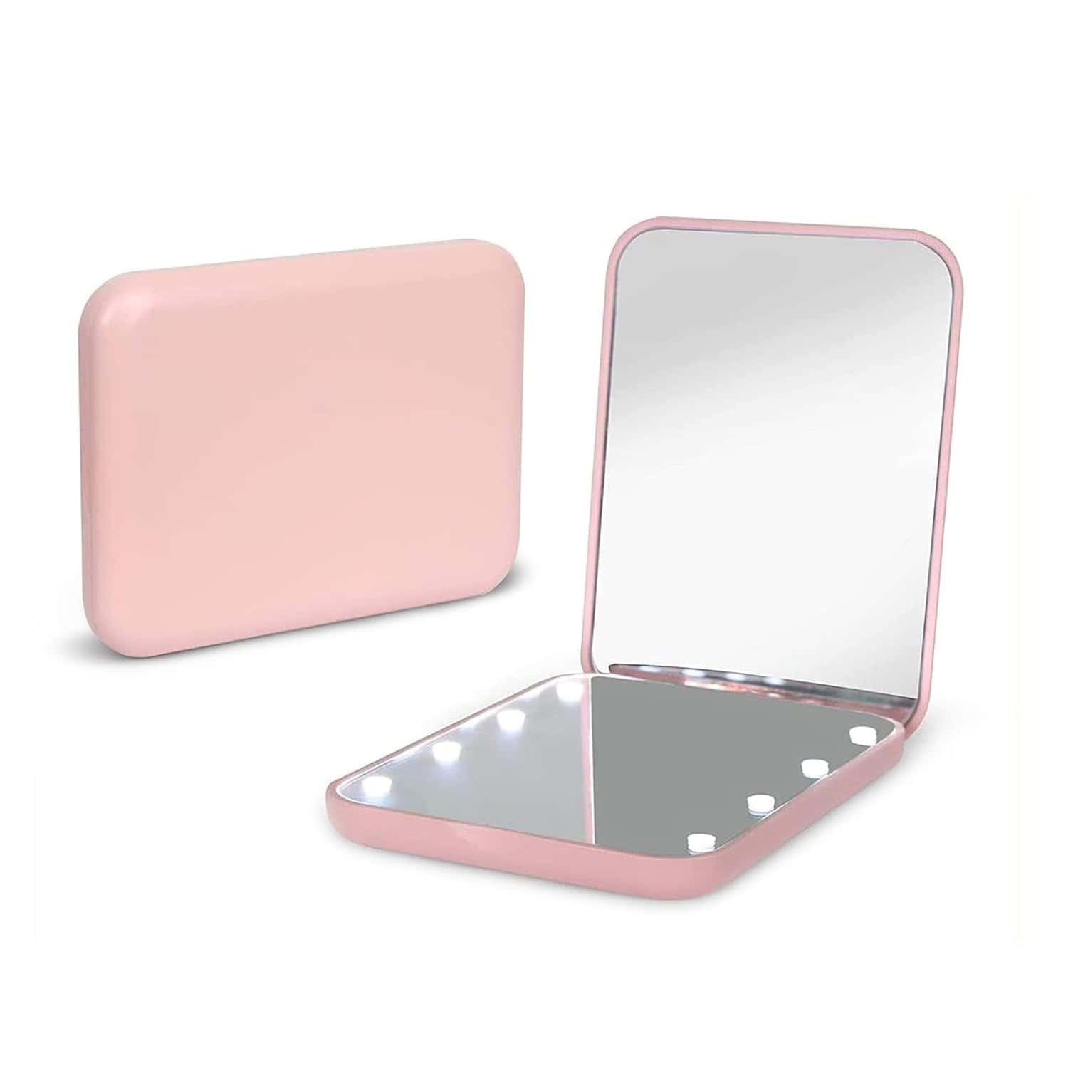 A rectangular pink compact mirror with LED lights, shown both closed and open to display the mirror and lights inside.
