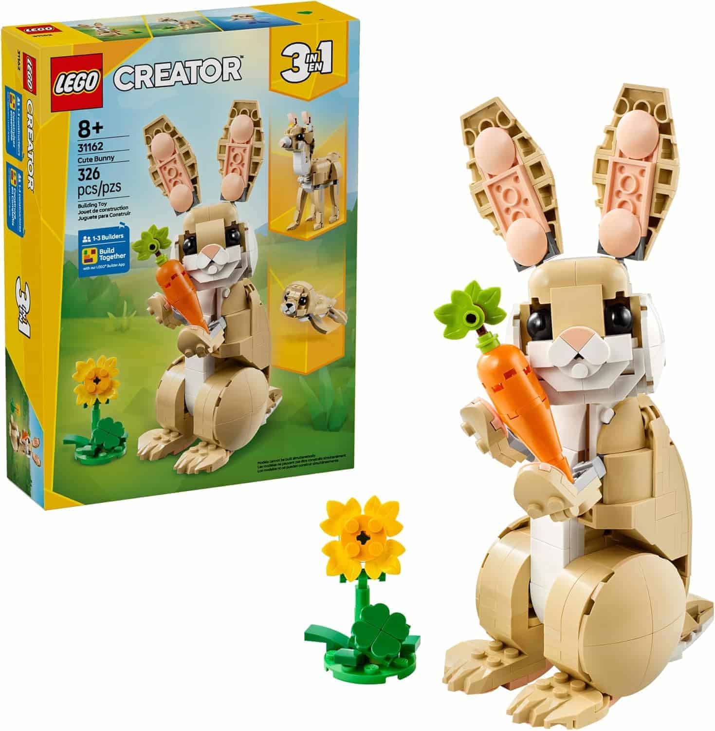 LEGO Creator 3-in-1 Bunny set with 326 pieces, featuring a buildable rabbit holding a carrot, a small flower, and the packaging displaying alternate builds.