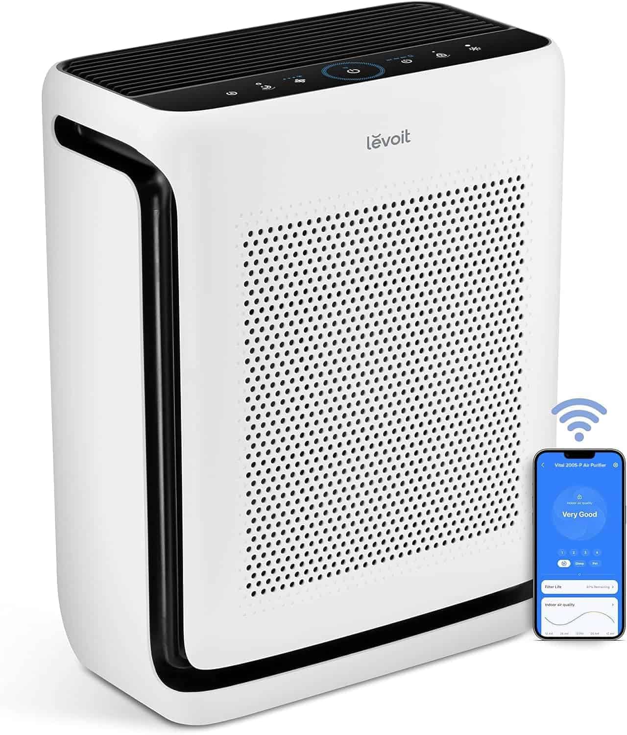 A white Levoit air purifier with a digital control panel and a smartphone displaying a connected app interface, indicating smart functionality.