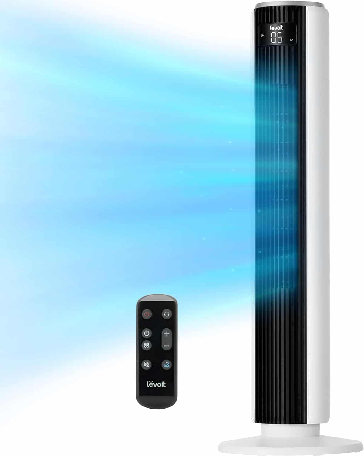 A tall, black and white tower fan with a digital display and a remote control, emitting blue airflow to the left.